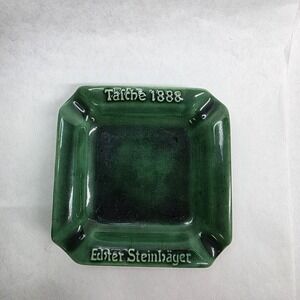 Vintage Green glazed German ashtray, Tasche Gin, 5" square